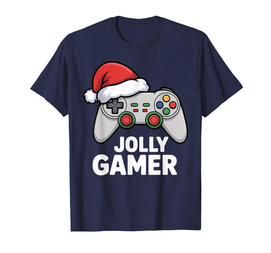 Jolly Gamer Controller with Santa Hat Christmas Video Game T-Shirt