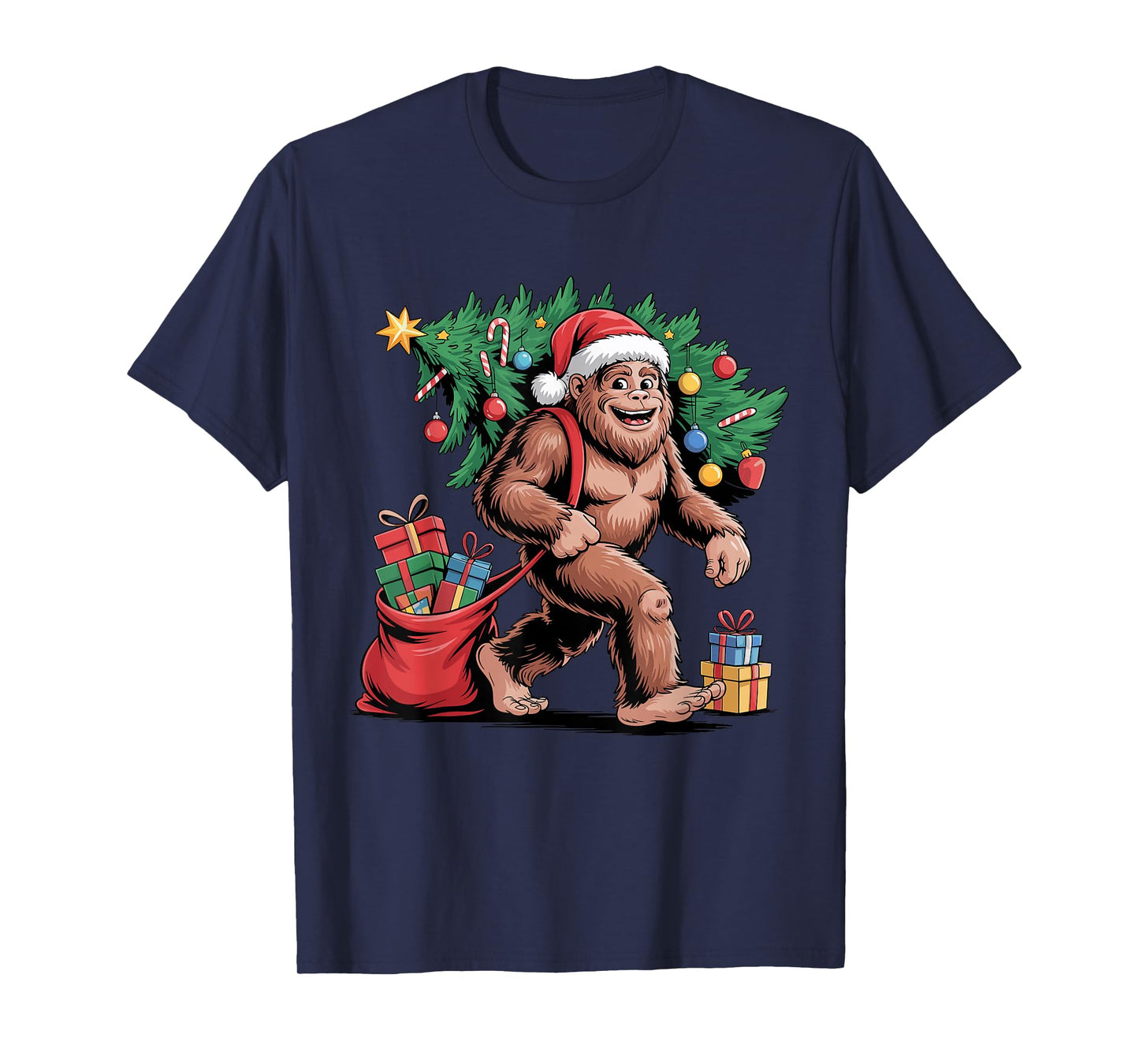 Santa Bigfoot Christmas Tree Funny Sasquatch Holiday Xmas T-Shirt