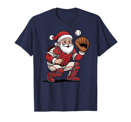 Santa Baseball Catcher Christmas Graphic Boys Kids Teens T-Shirt