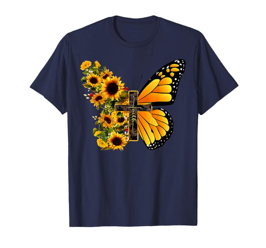 Faith Cross Sunflower Butterfly Christian Vintage T-Shirt