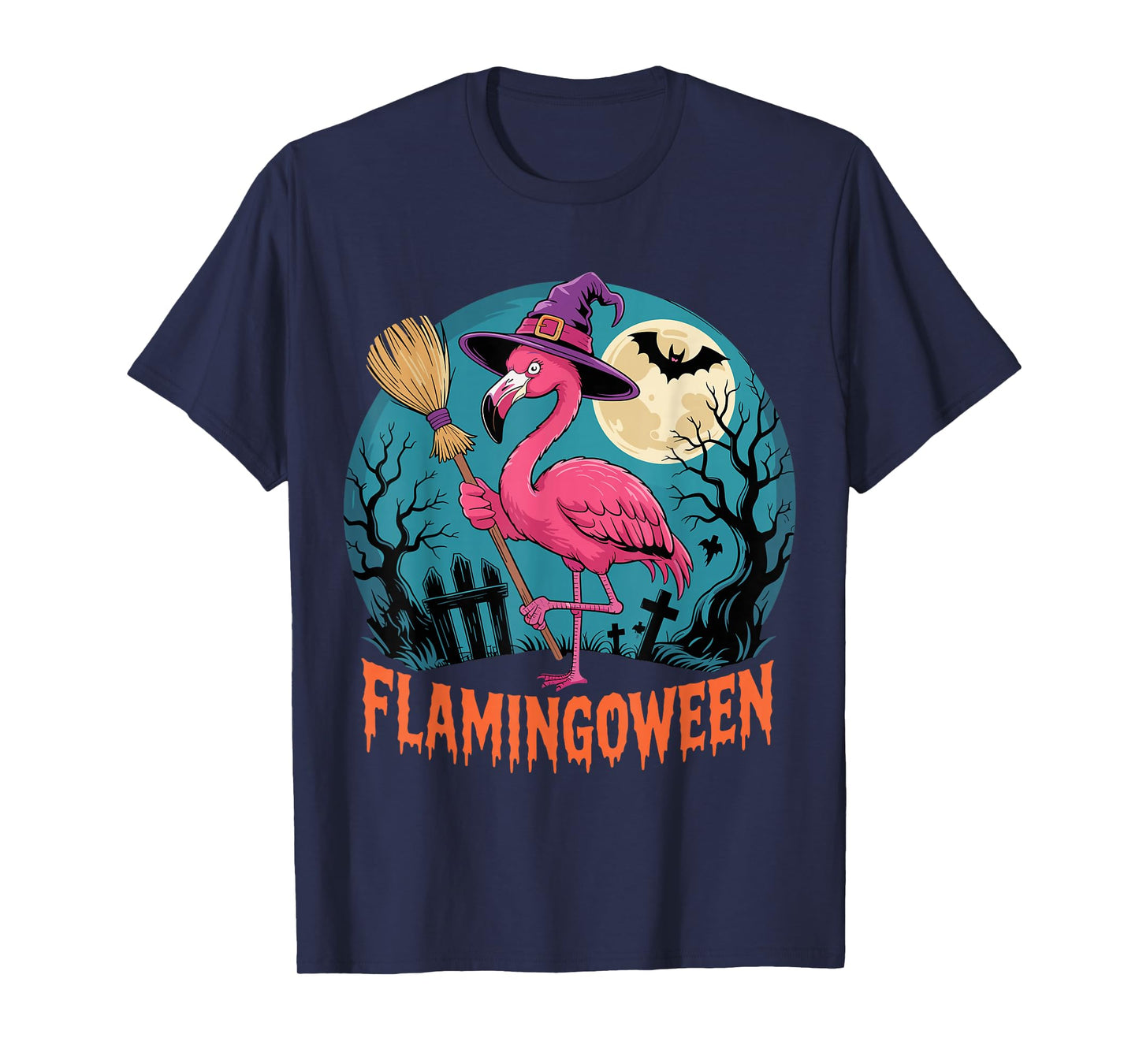 Pink Flamingo Witch Under Spooky Halloween Moon T-Shirt