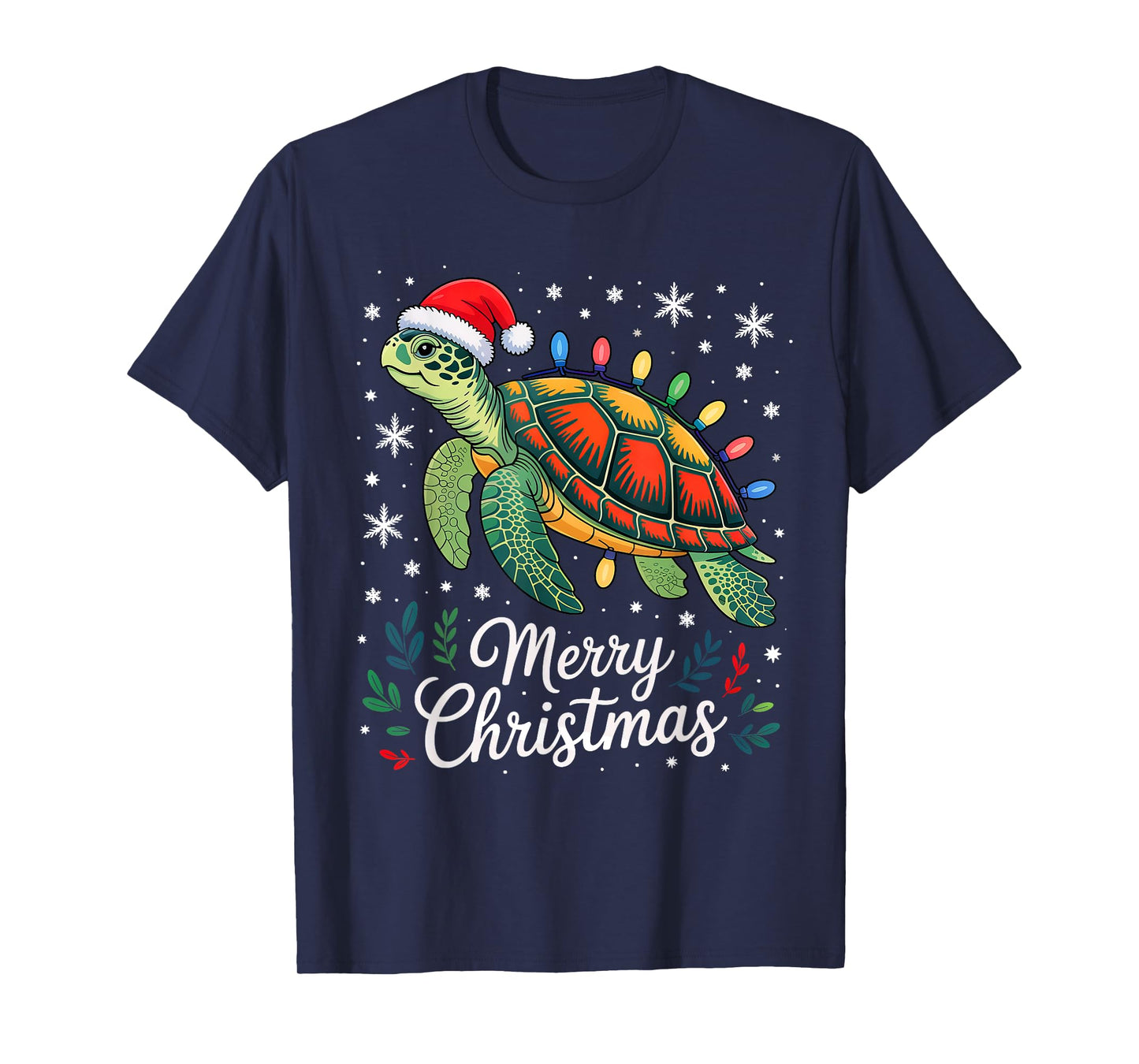 Turtle Santa Hat Merry Christmas Lights Xmas Holiday Costume T-Shirt