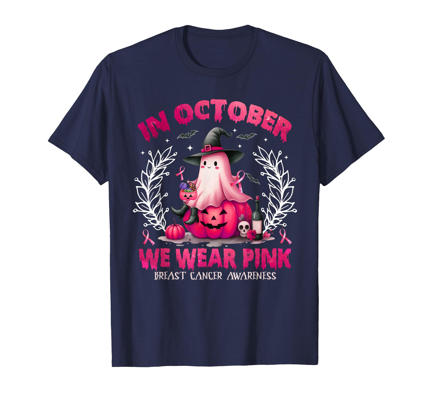 in October We Wear Pink Ghost Witch Breast Cancer Awareness T-Shirt