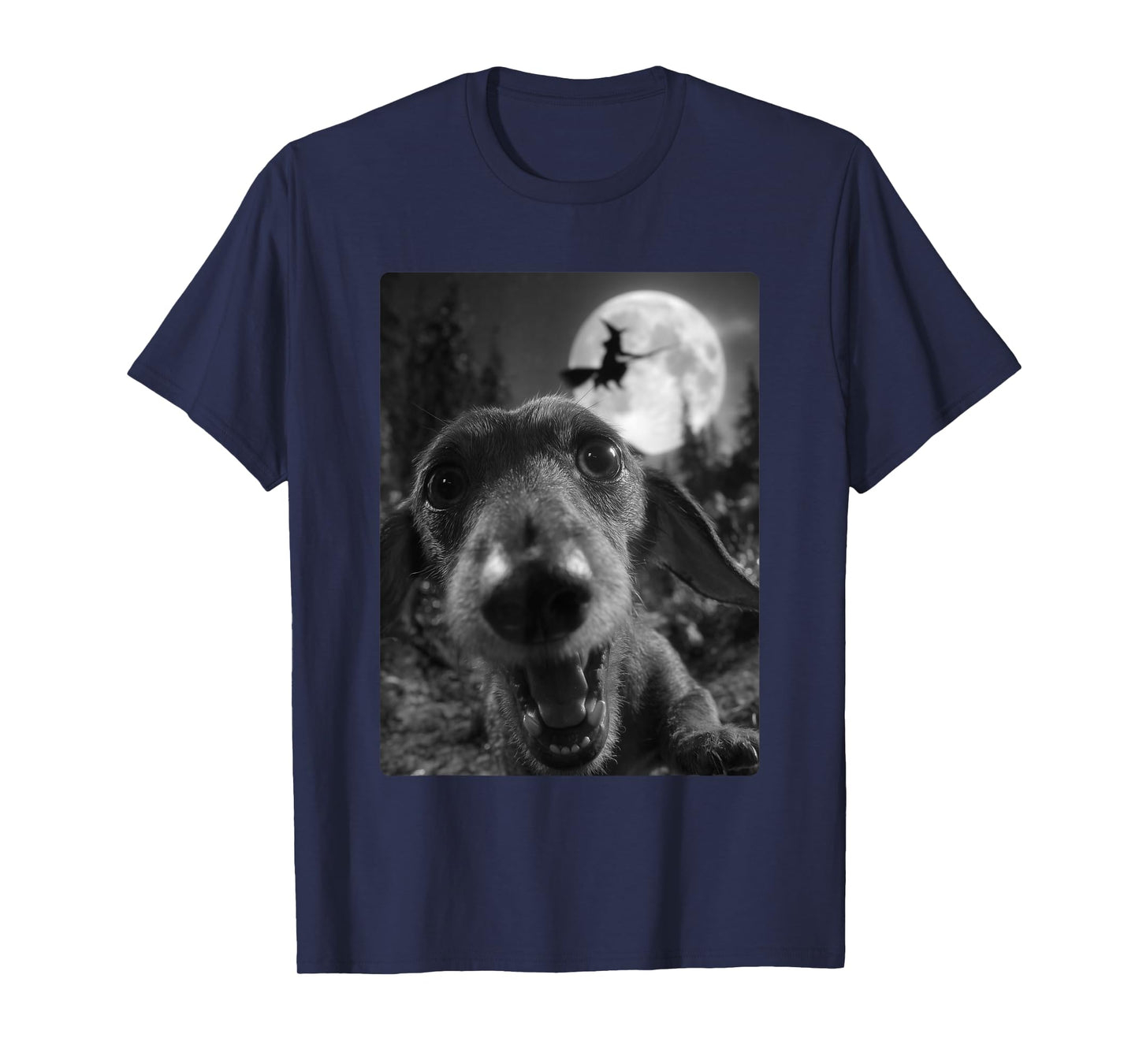 Funny Dachshund Selfie Full Moon Flying Witch Halloween Dog T-Shirt