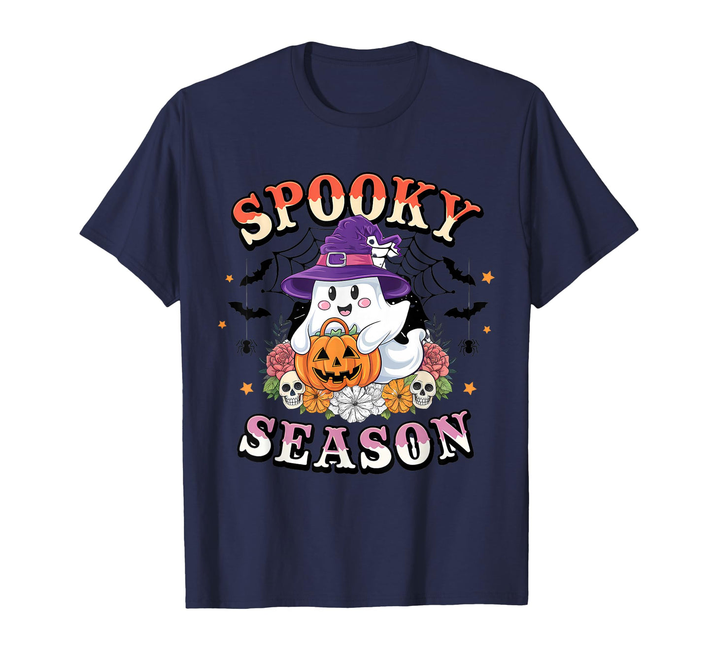 Spooky Season Ghost Halloween Pumpkin Witch Hat Bats T-Shirt