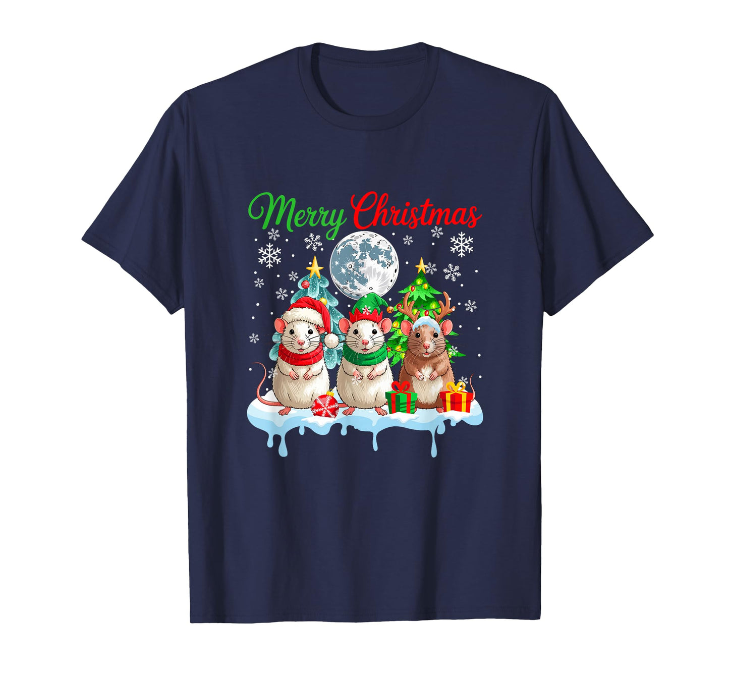 Merry Christmas Three Santa Elf Reindeer Rats Rodent T-Shirt