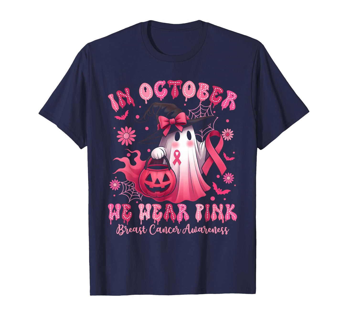 in October We Wear Pink Ghost Witch Breast Cancer Awareness T-Shirt