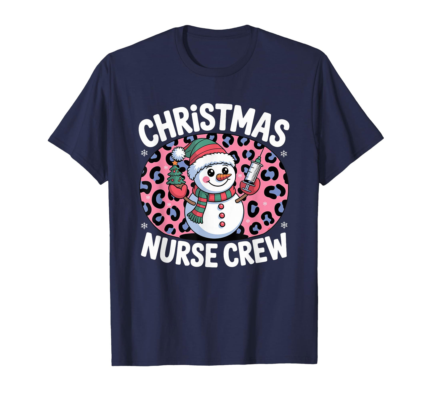 Nurse Christmas Crew Snowman Pink Leopard Print T-Shirt