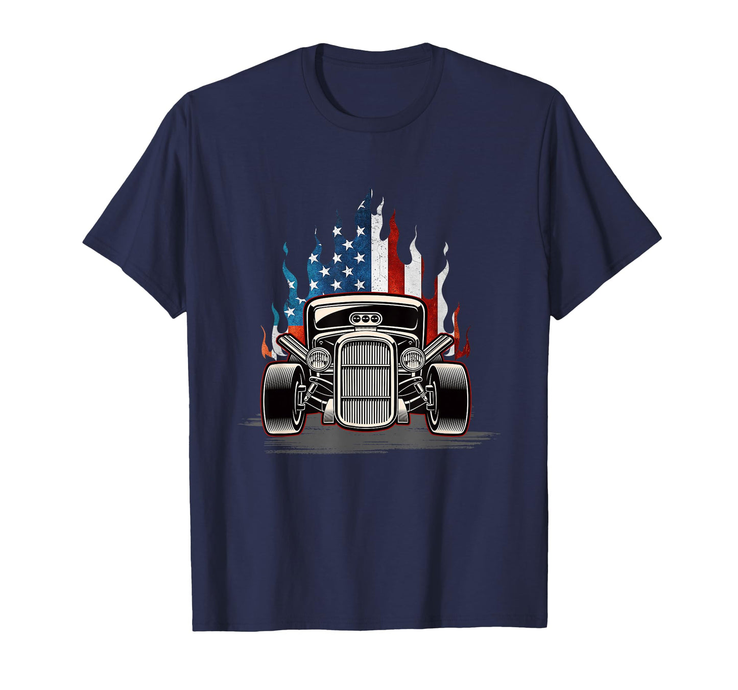 American Flag Vintage Hot Rod Veteran Memorial Day July 4 Women Girls Kids Men T-Shirt