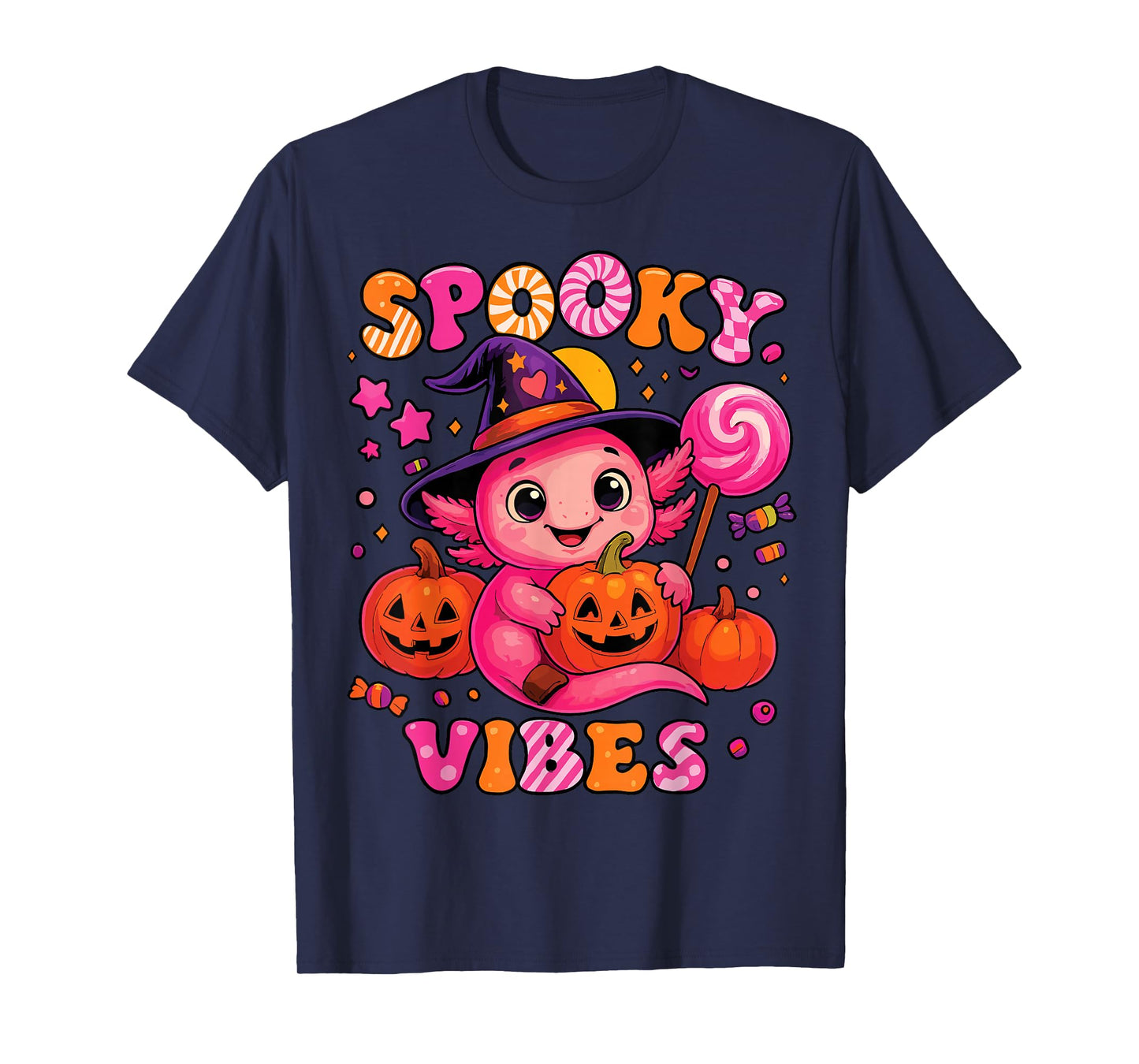Cute Axolotl Witch Pumpkin Face Halloween Girl Tee T-Shirt
