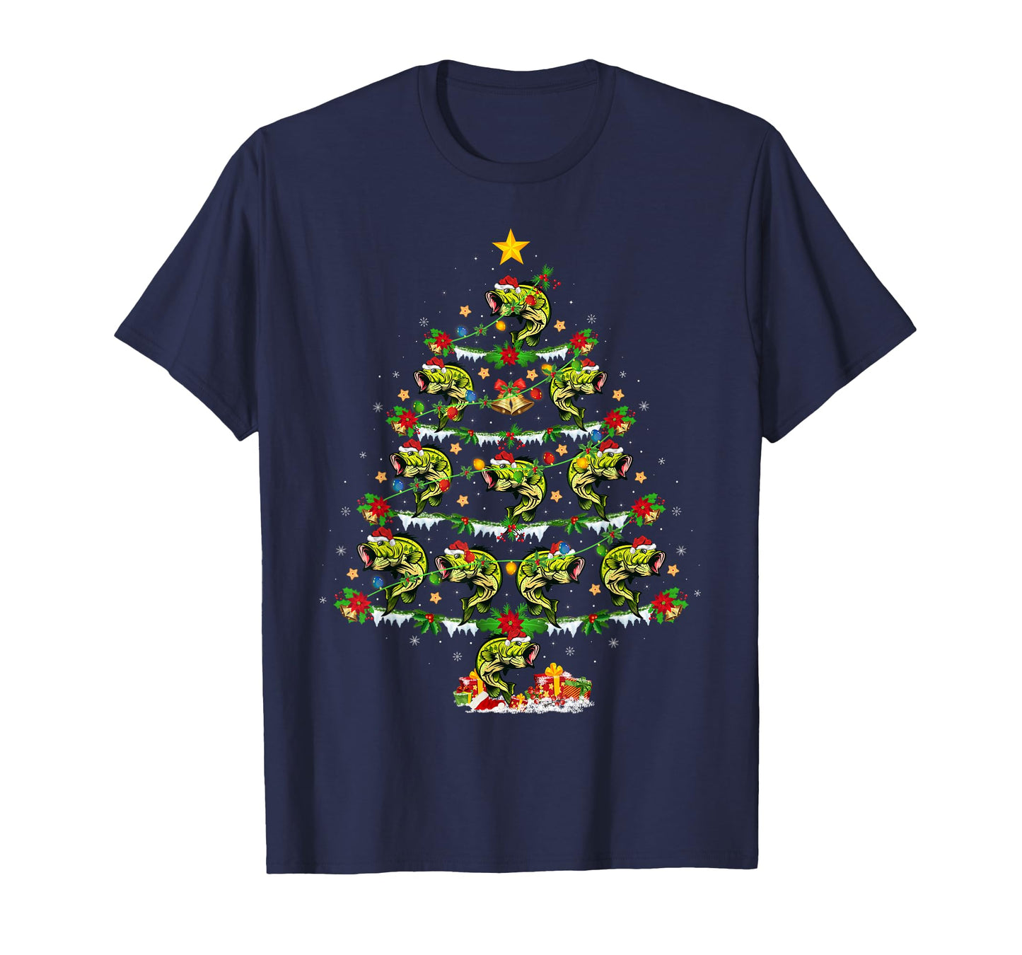 Bass Fish Christmas Tree Lights Funny Bass Fish Fishing Xmas T-Shirt