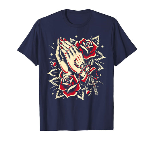 Praying Hands Rosary and Rose, Traditional Tattoo Design T-Shirt