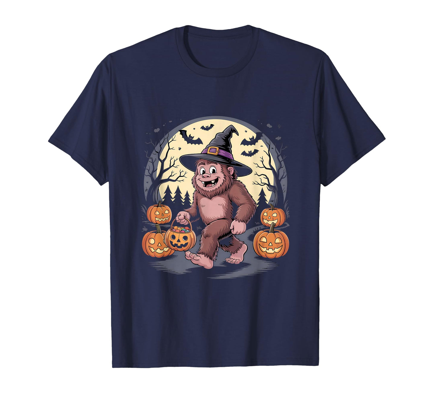 Cute Halloween Bigfoot Witch Hat Pumpkin Moon T-Shirt