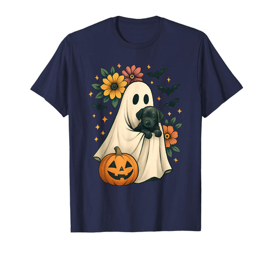 Floral Ghost Black Dog Coquette Funny Halloween Design T-Shirt