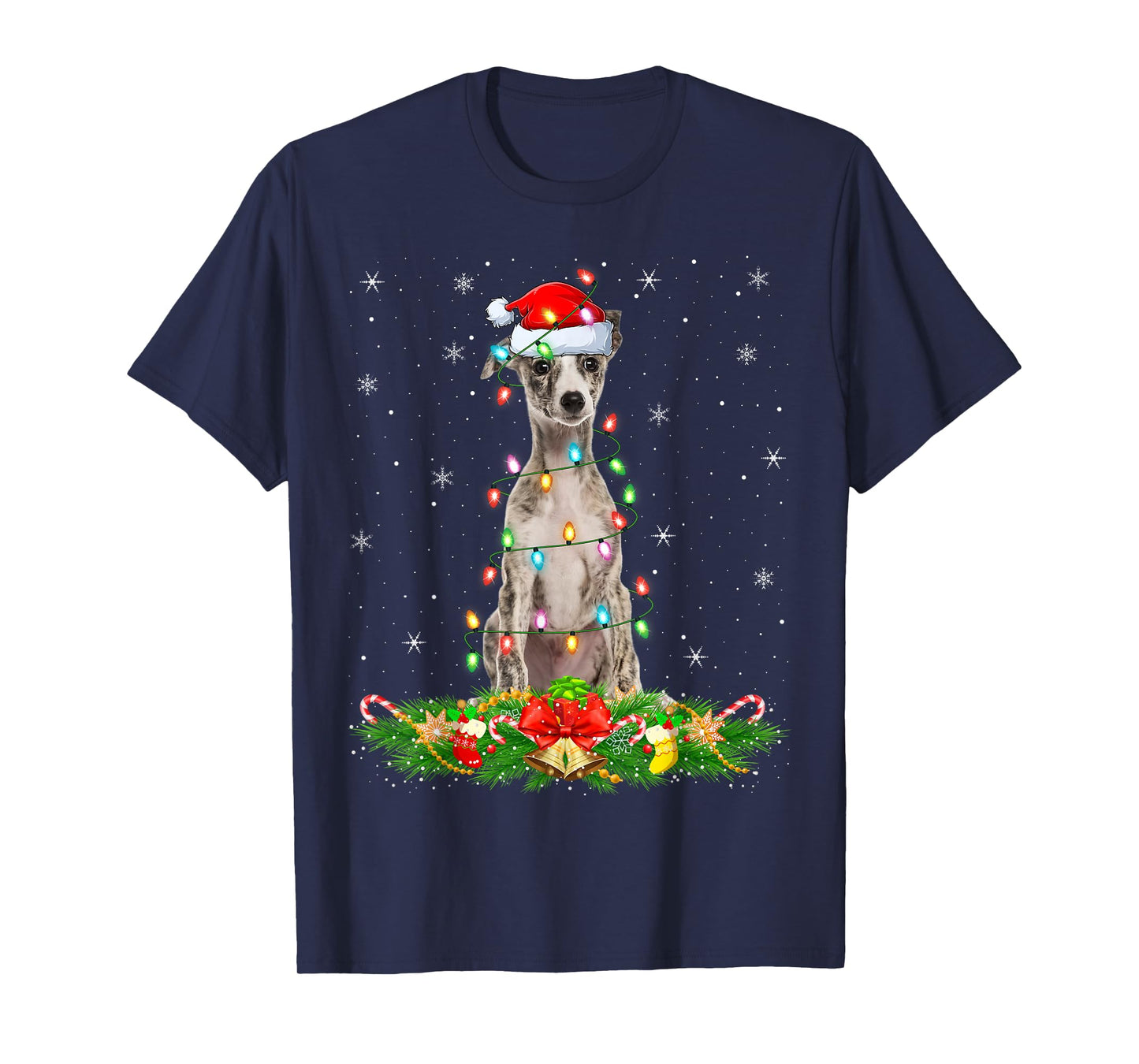 Whippet Dog Christmas Lights Funny Santa Hat Xmas T-Shirt