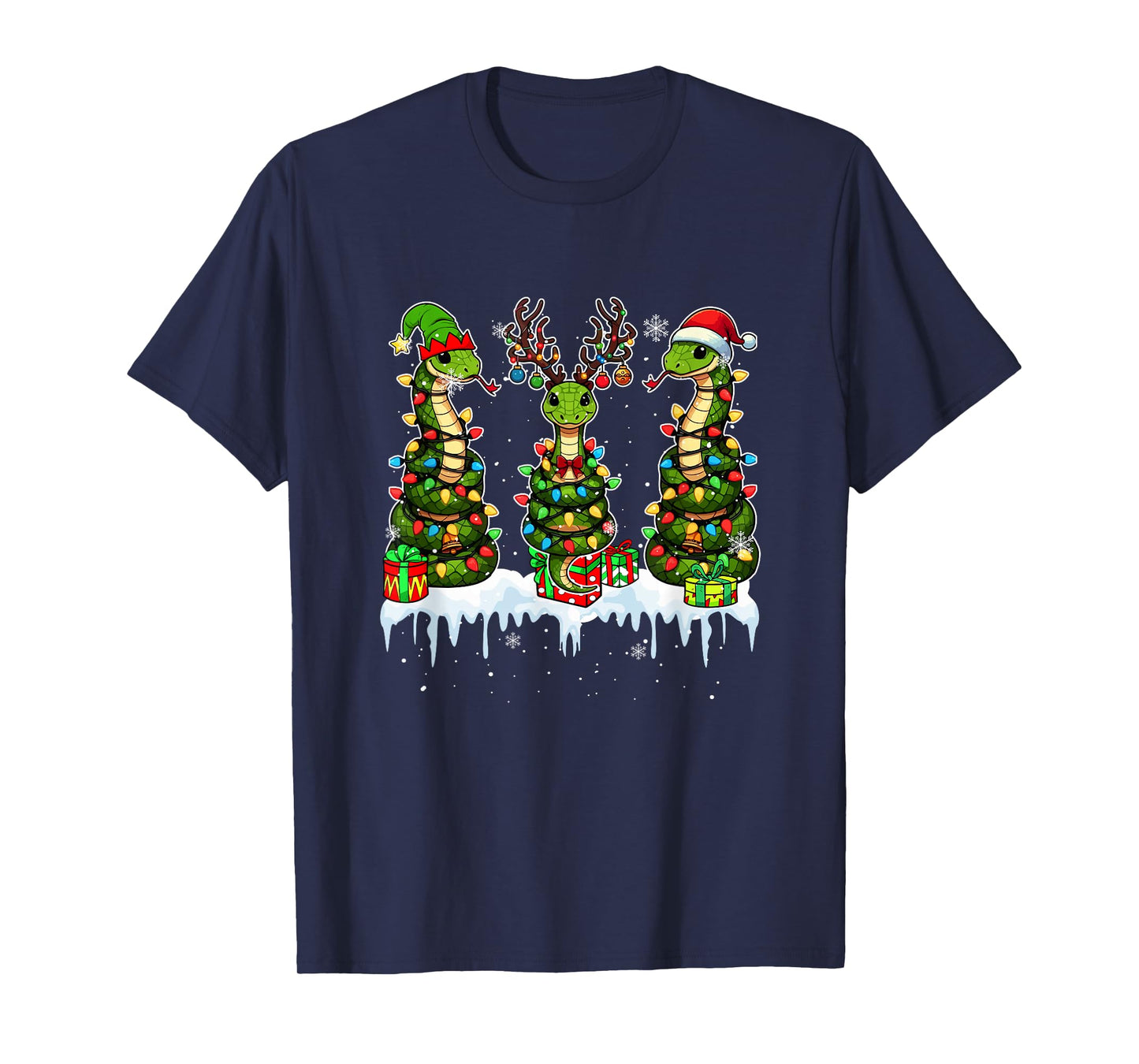 Three Santa Reindeer Elf Snakes Christmas Colorful Lights T-Shirt