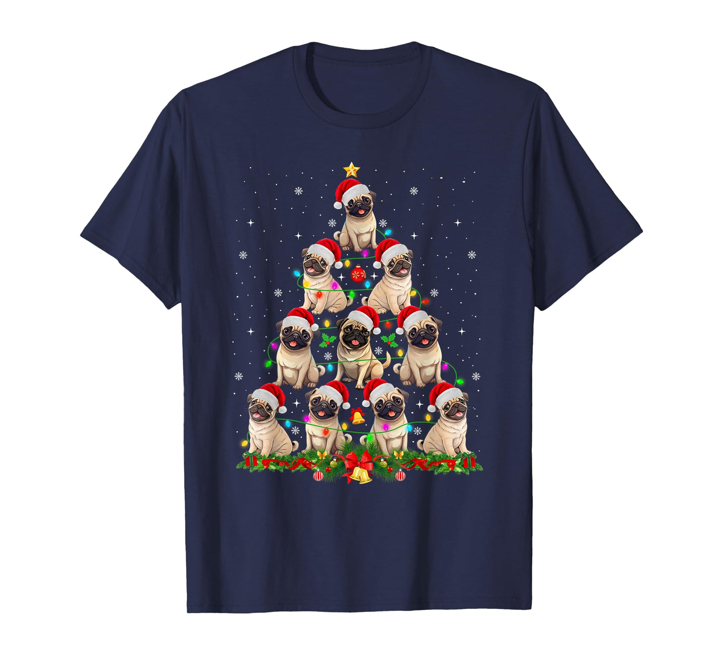 Pug Santa Hat Christmas Tree Lights Xmas Pugmas Dog Lover T-Shirt