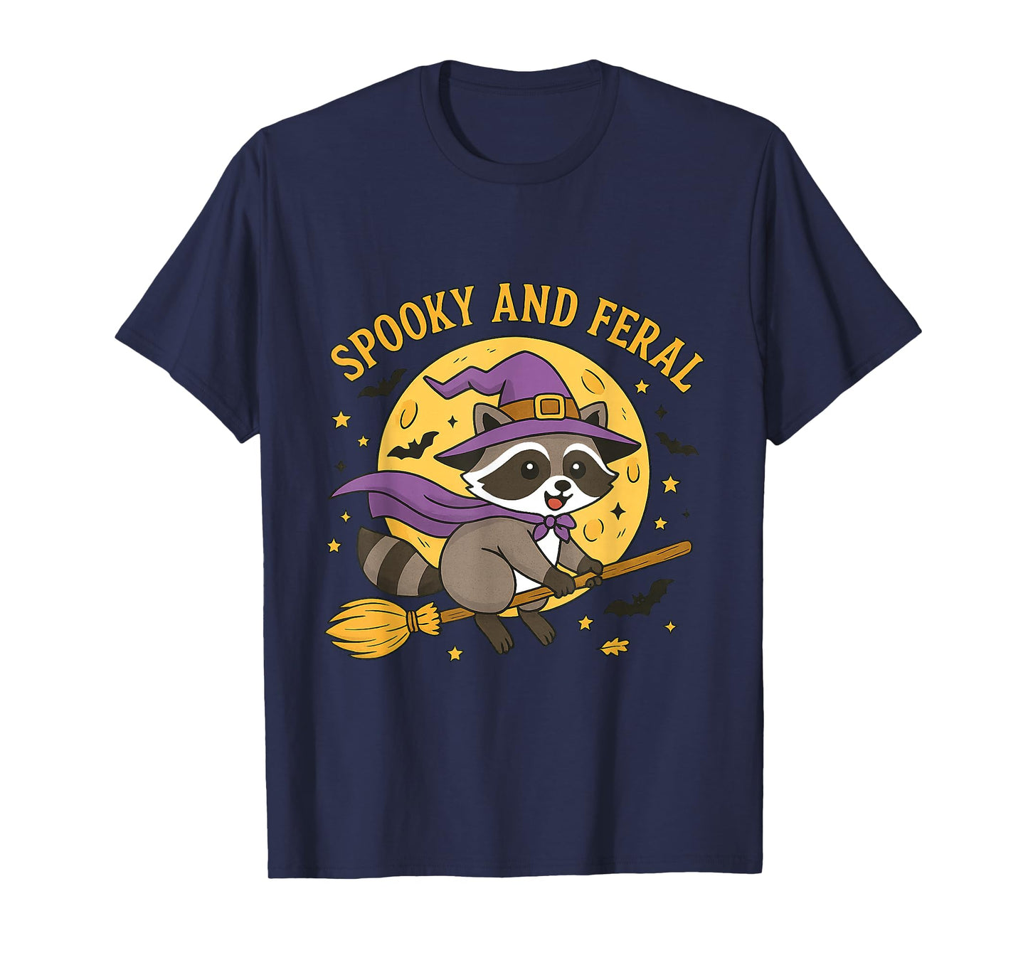 Feral & Spooky Cute Witch Raccoon On Broom Hallowen T-Shirt