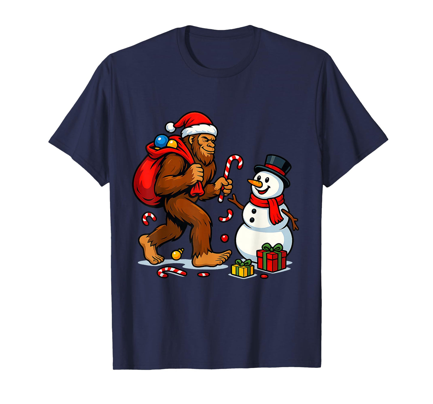 Bigfoot Tree Christmas Lights Snowman Holiday Candy Xmas T-Shirt