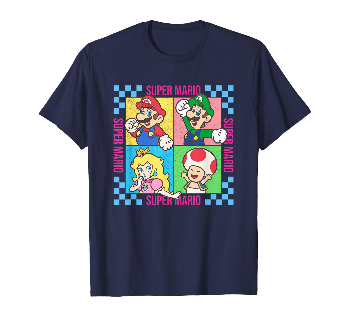 Super Mario Neon Pastel Checkerboard Frame Group Shot T-Shirt