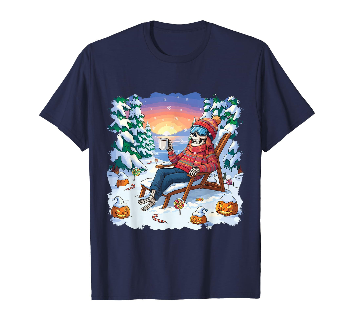 Winterween Winter Halloween Skeleton and Pumpkin Christmas T-Shirt