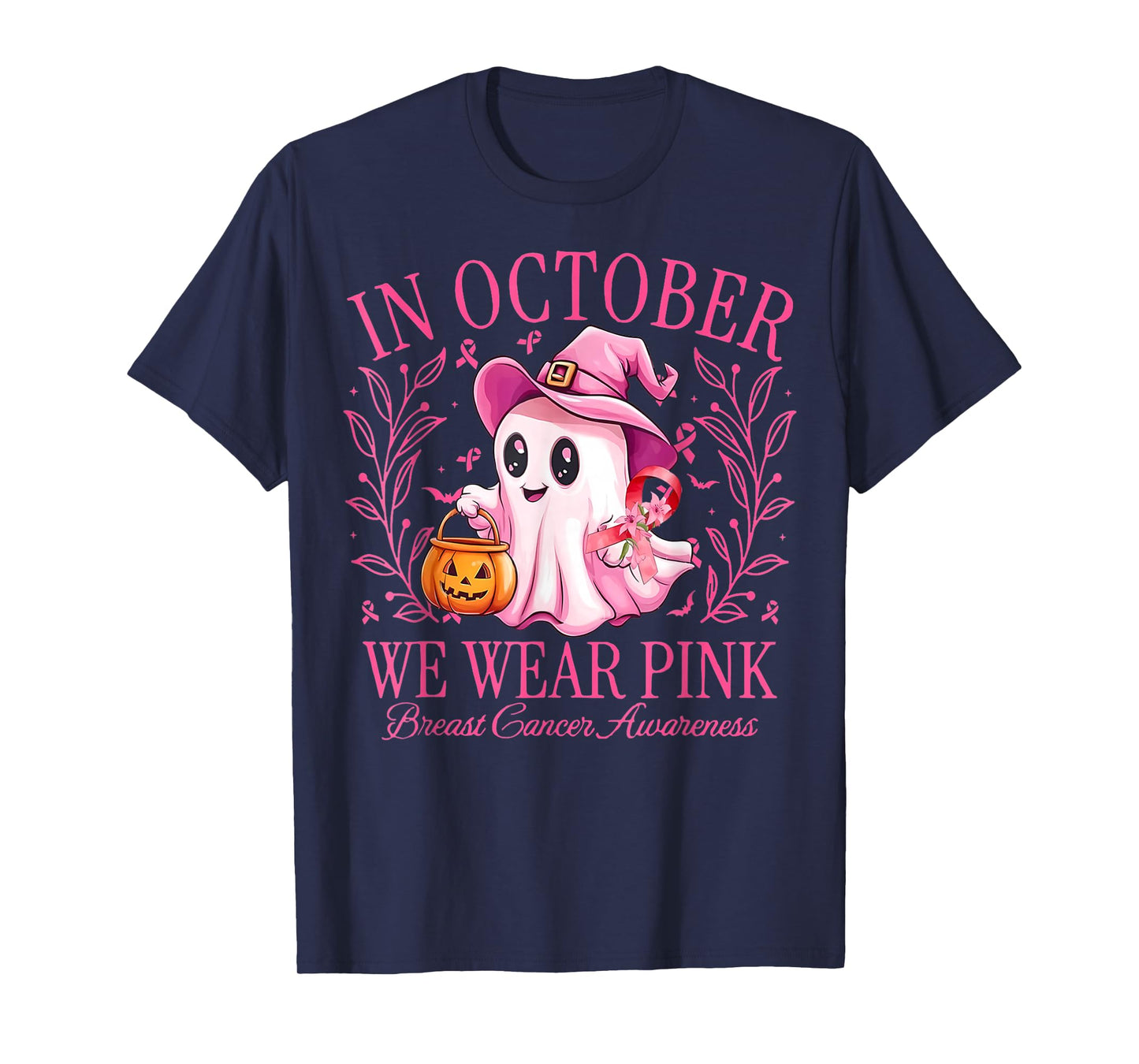 in October We Wear Pink Ghost Witch Breast Cancer Awareness T-Shirt