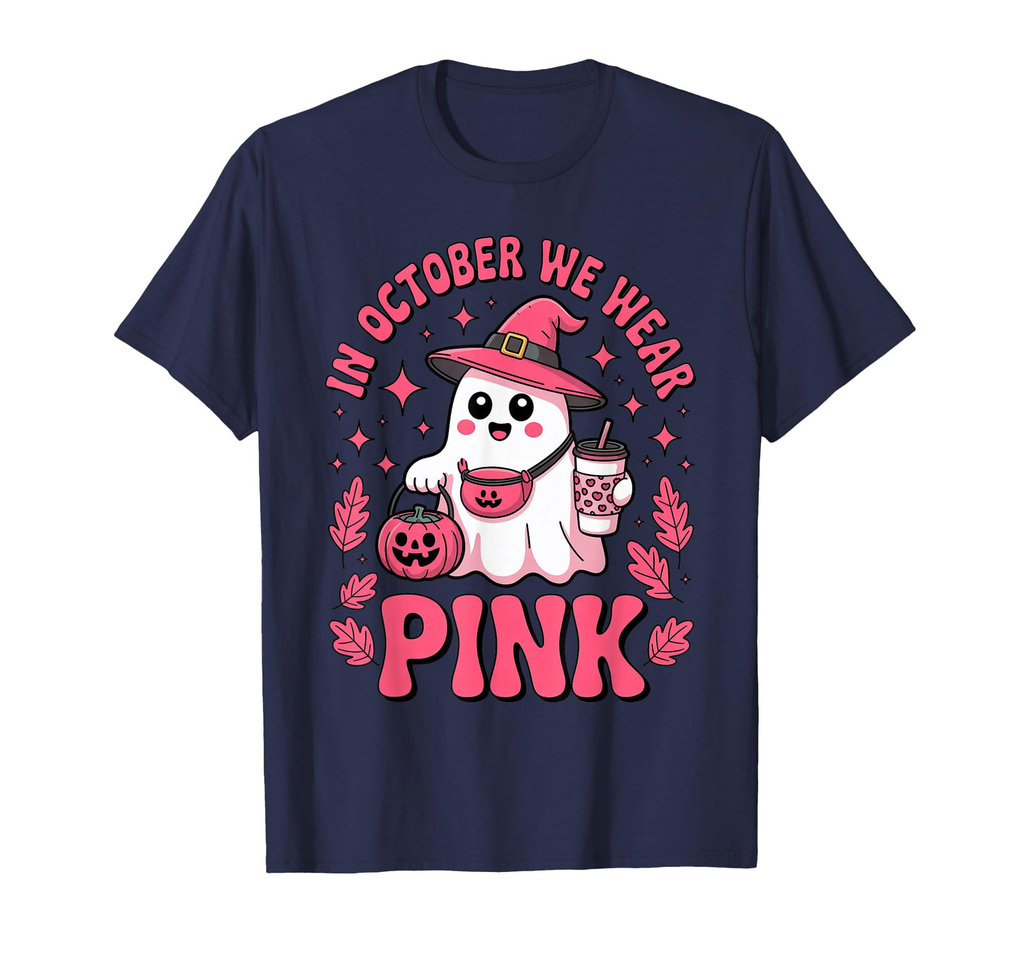 Halloween Witch Ghost with Coffee in October We Wear Pink T-Shirt