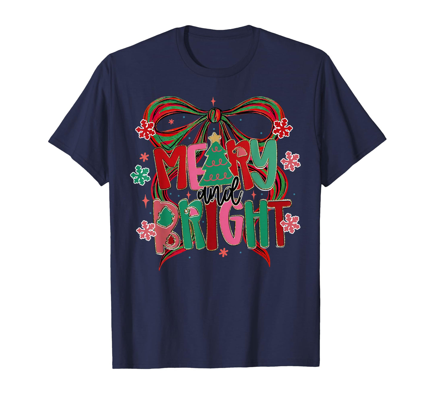 Merry & Bright Christmas Xmas Coquette Bow Pajamas Holiday T-Shirt