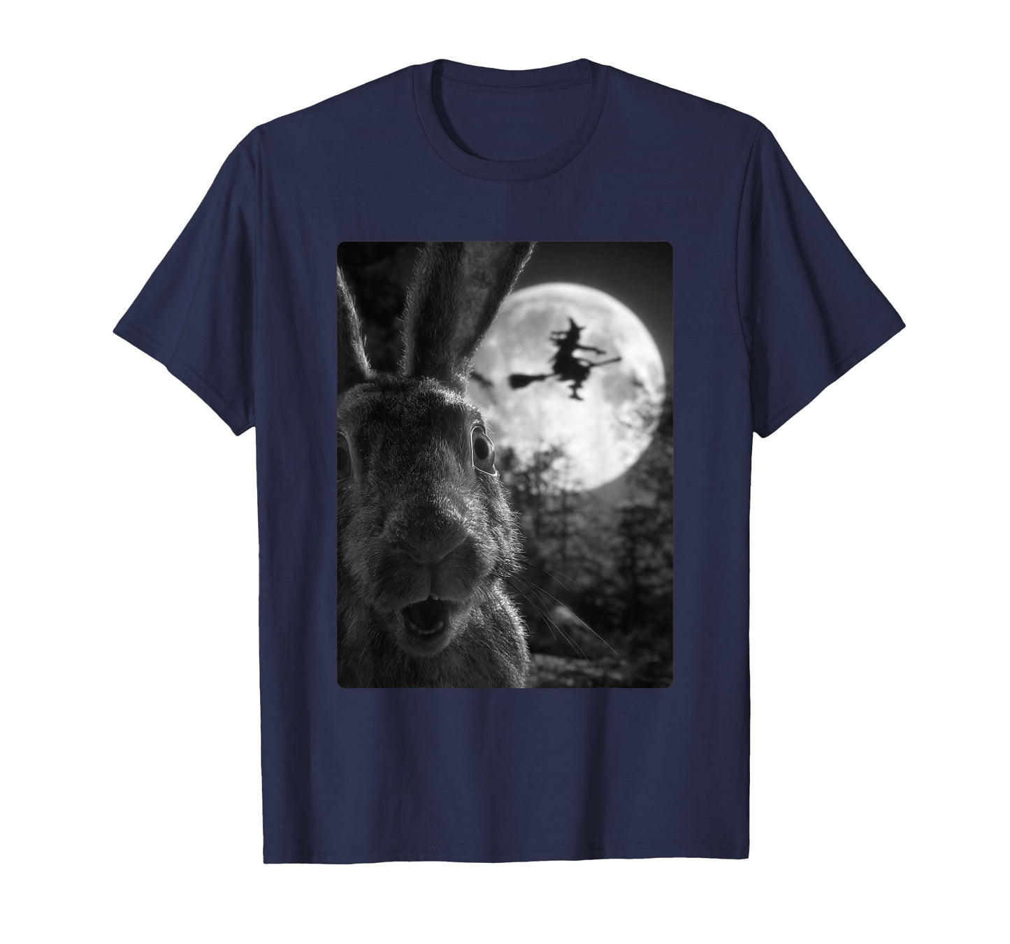 Funny Rabbit Selfie Full Moon Flying Witch Forest Halloween T-Shirt