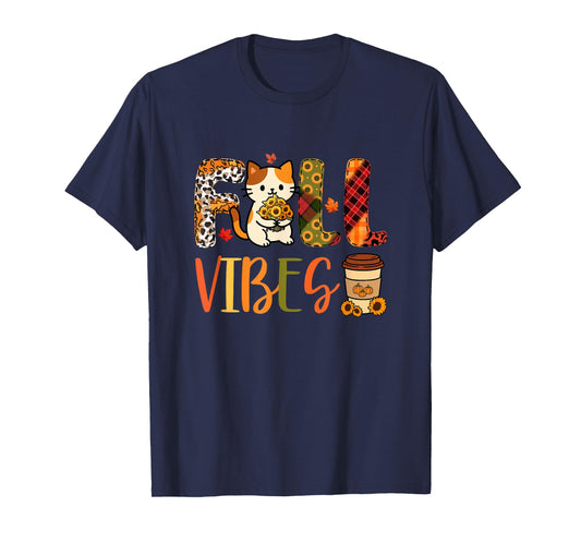 Fall Funny Vibes Thanksgiving Cat Flowers Leopard Owner T-Shirt