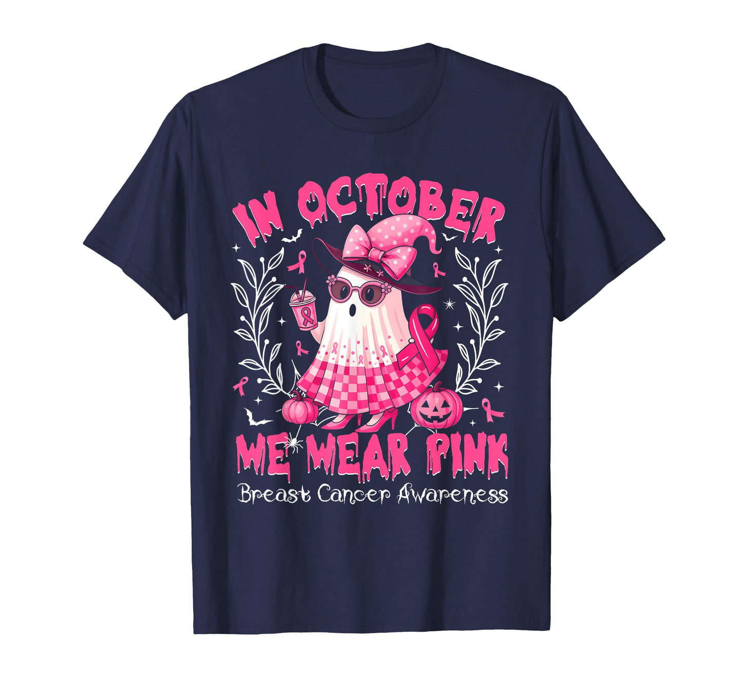 in October We Wear Pink Ghost Witch Breast Cancer Awareness T-Shirt