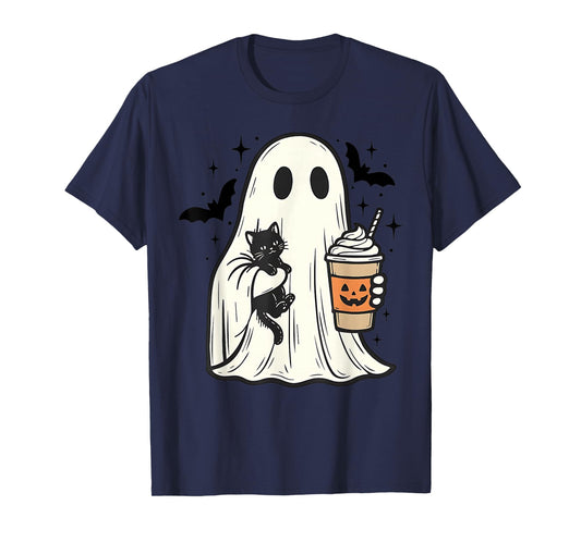 Vintage Halloween Ghost Holding Black Cat Fall Coffee T-Shirt
