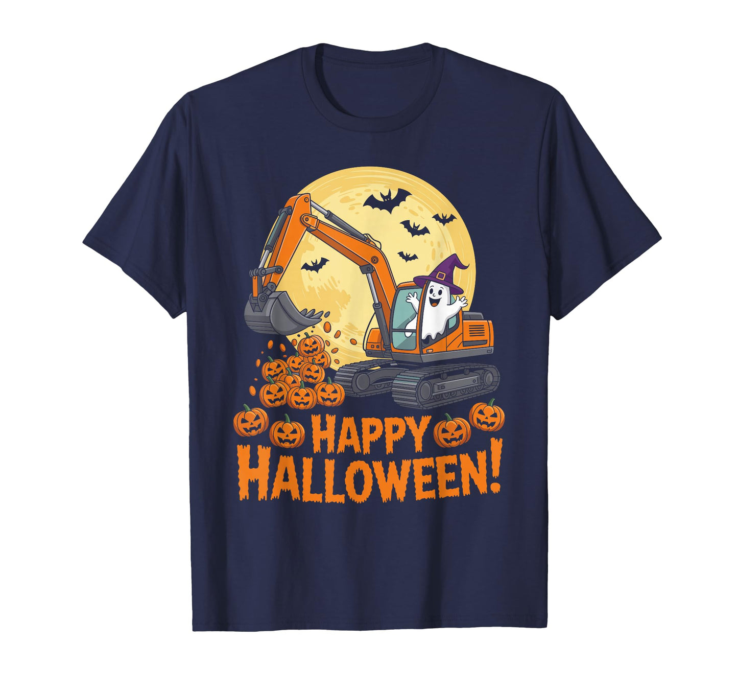 Happy Halloween Ghost Pumpkins and Excavator Construction T-Shirt