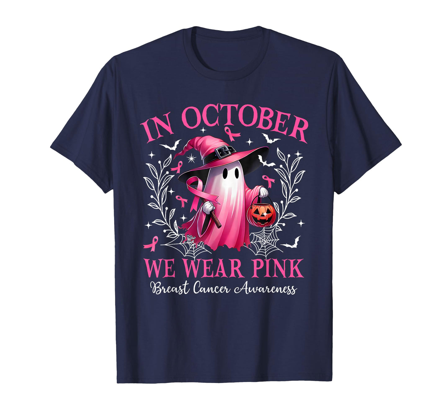 in October We Wear Pink Halloween Witch Ghost Pumpkin T-Shirt