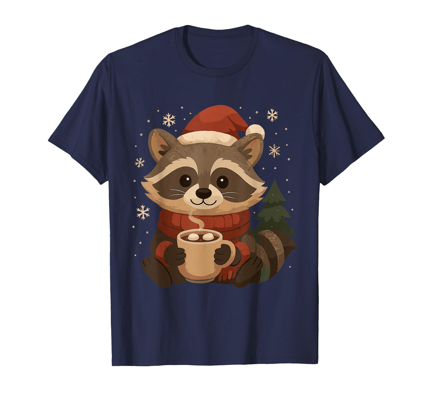 Cozy Raccoon with Hot Cocoa Christmas Design T-Shirt