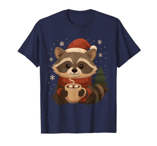 Cozy Raccoon with Hot Cocoa Christmas Design T-Shirt
