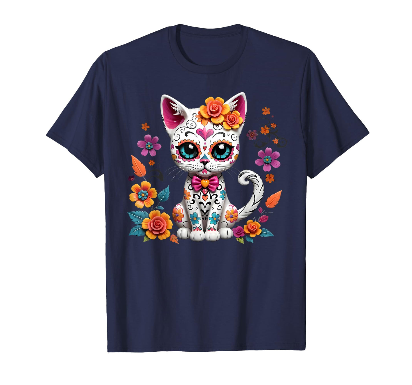 Floral Cat Sugar Skull Day of the Dead Dia de los Muertos T-Shirt