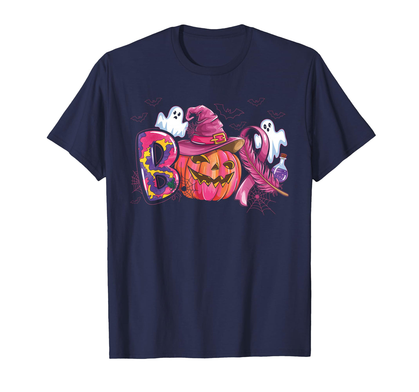FUUNY Boo Halloween Pumpkin Pink Ribbon Witch Breast Cancer T-Shirt
