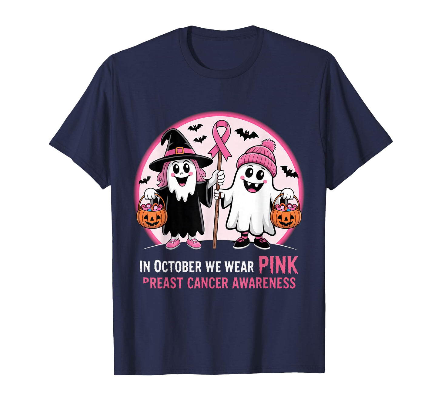 in October We Wear Pink Ghost Witch Breast Cancer Awareness T-Shirt