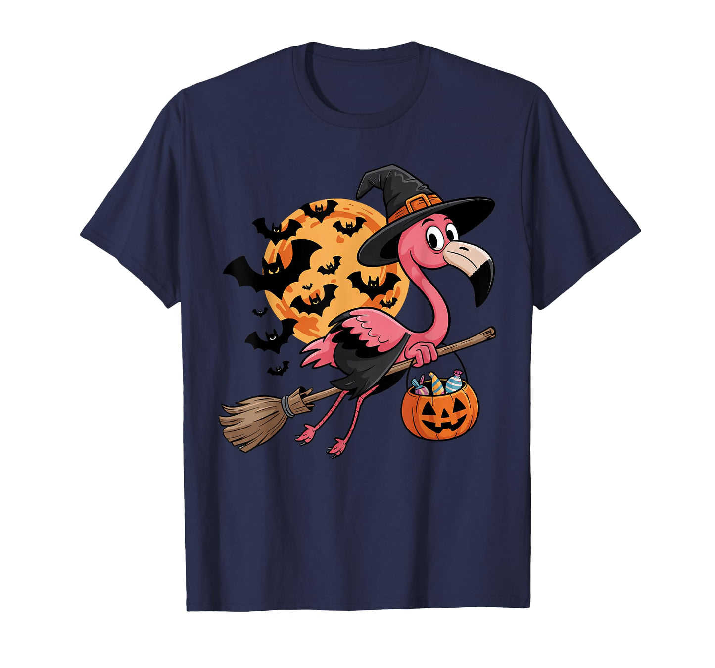 Flamingo in Witch Hat on a Broom Halloween Spooky Costume T-Shirt