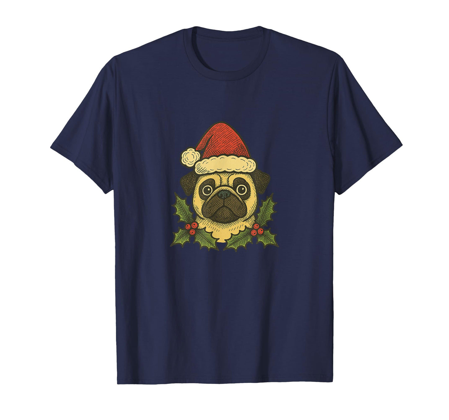 Christmas Pug Santa Hat Holly Holiday Cheer T-Shirt