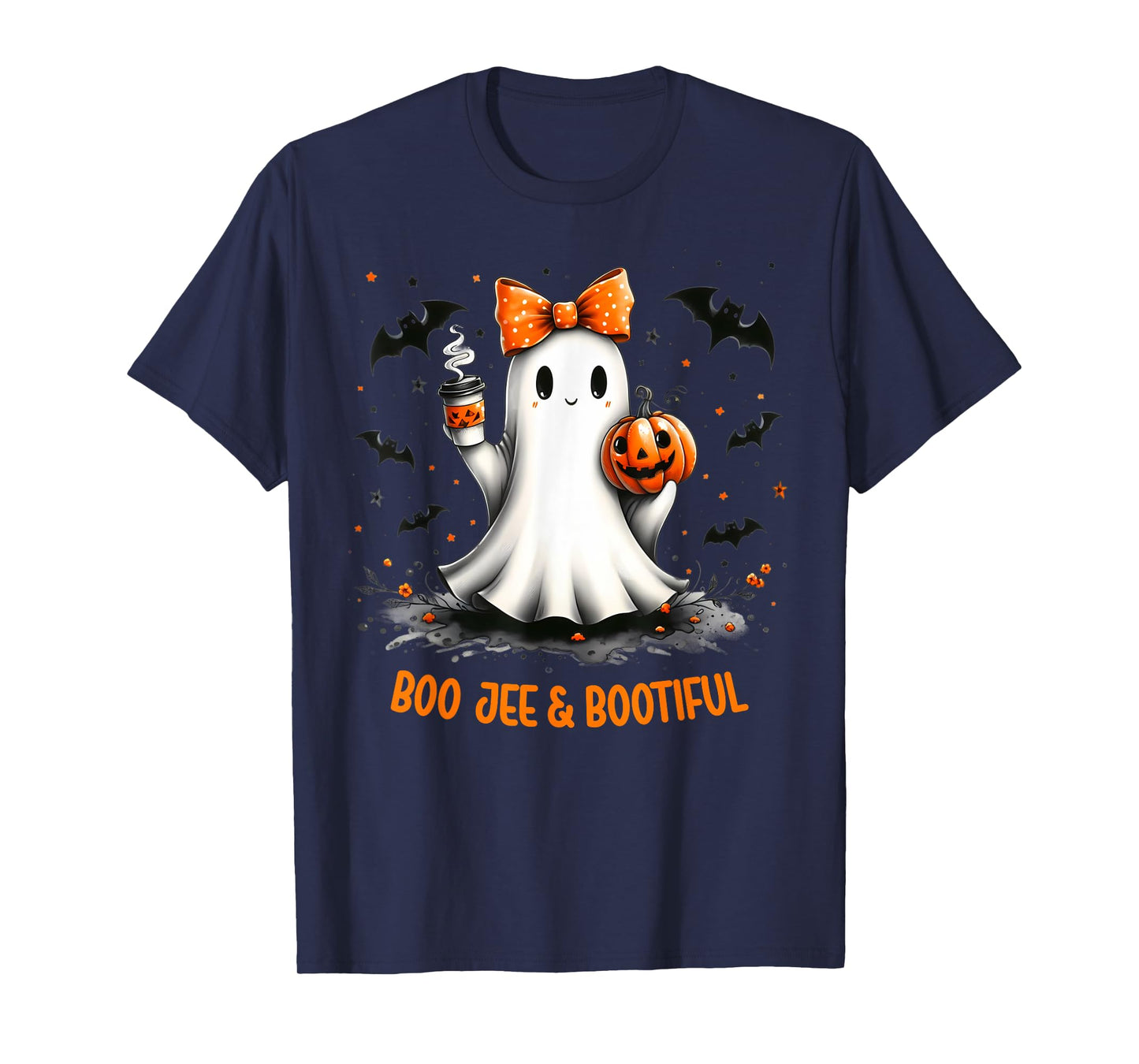 Boo Jee Ghost Drinking Coffee Coquette Bow Halloween Women T-Shirt
