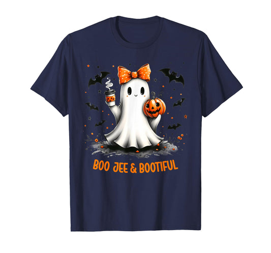 Boo Jee Ghost Drinking Coffee Coquette Bow Halloween Women T-Shirt