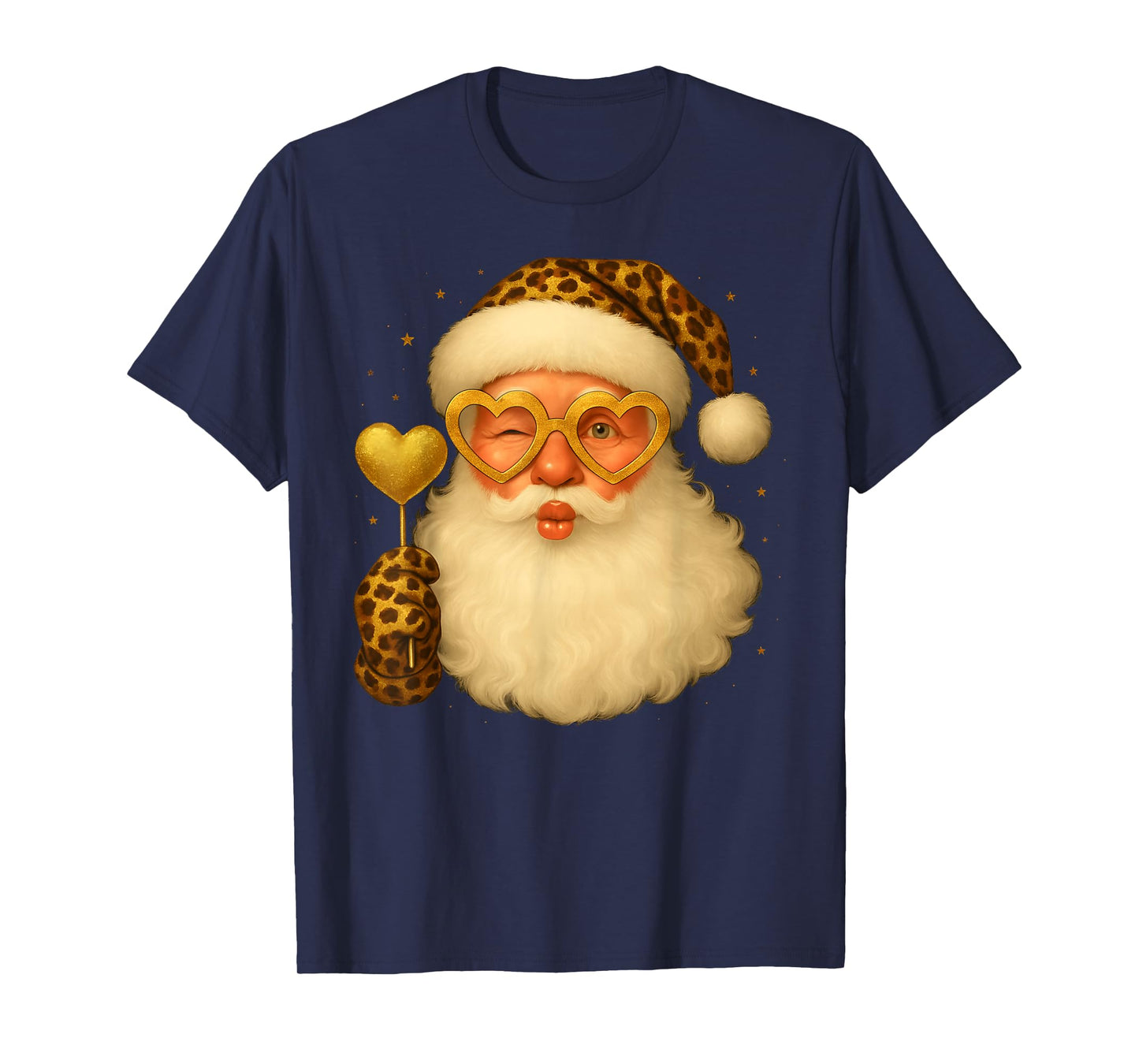 Santa Leopard Heart Glasses Merry Christmas Girl Women Kid T-Shirt