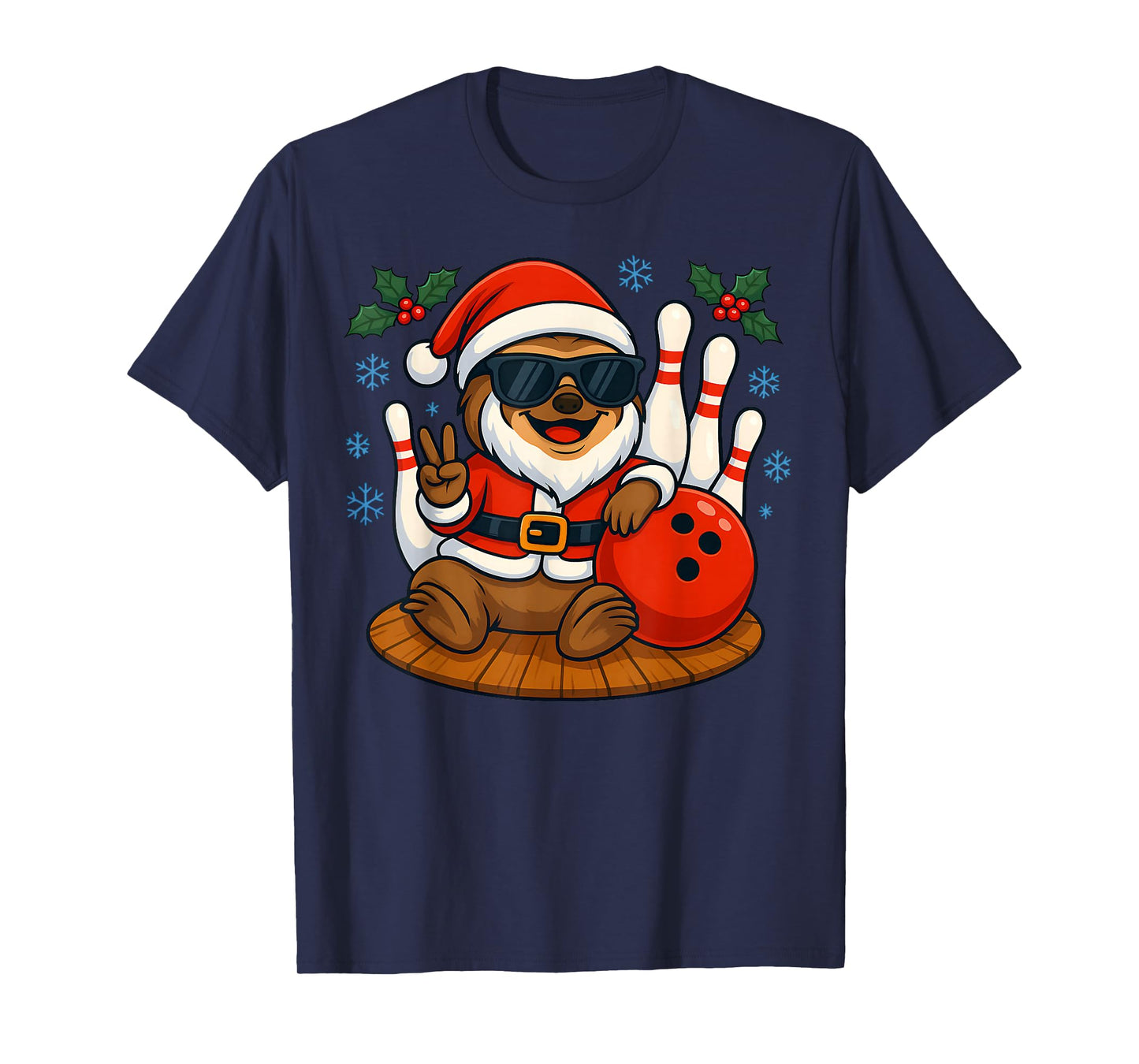 Santa Sloth Bowling Christmas Funny Holiday Vibes Men Women T-Shirt