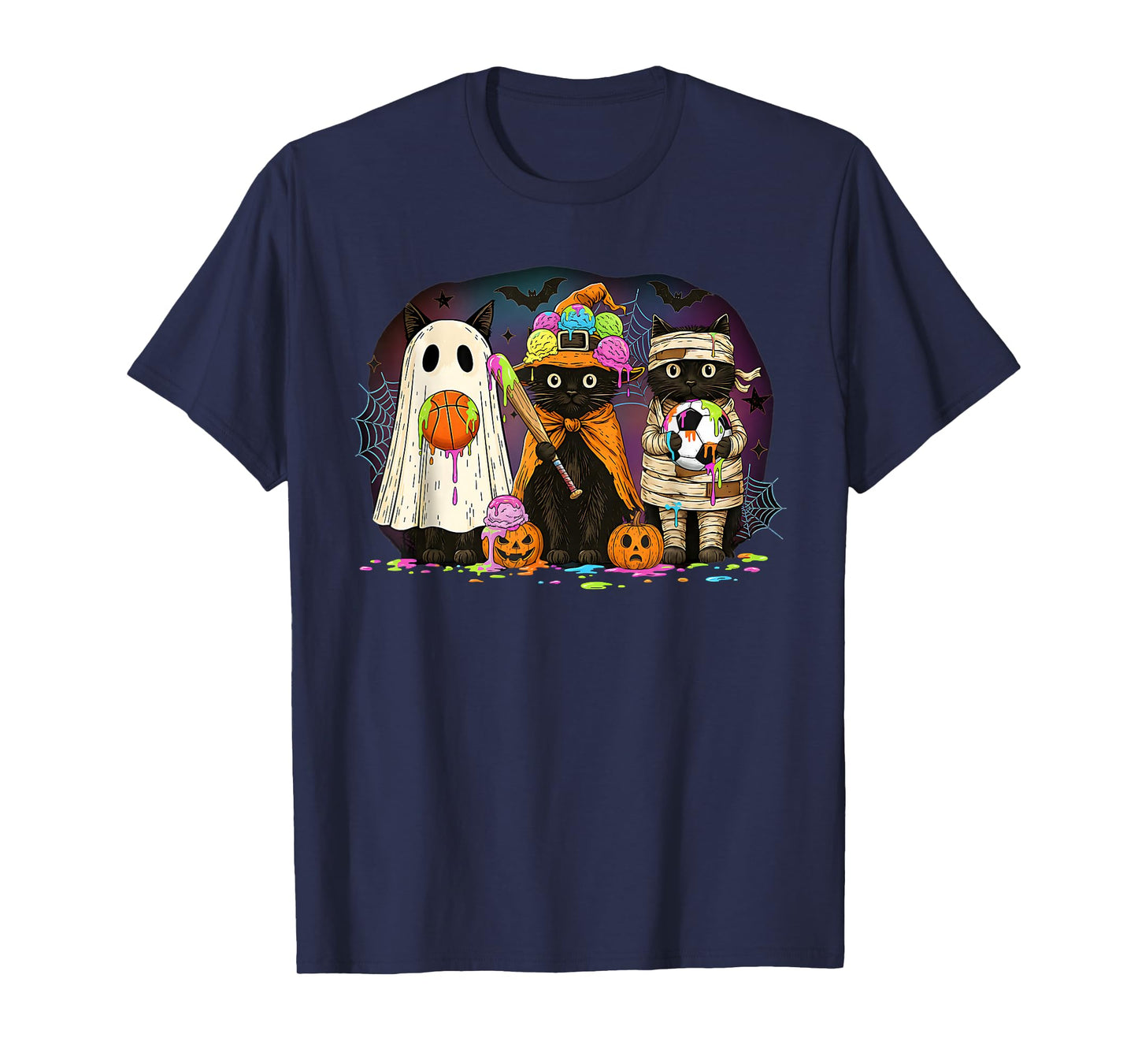 Retro Black Cat Ice Cream Drip Halloween Baseball Soccer T-Shirt