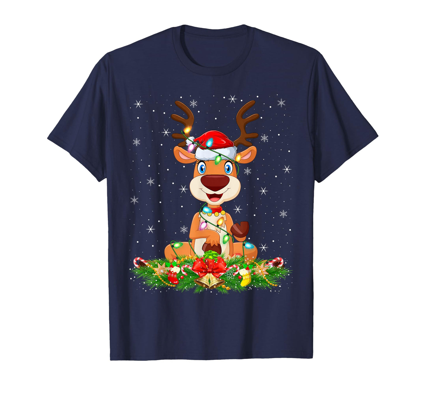 Reindeer Christmas Lights Funny Santa Hat Reindeer Xmas T-Shirt