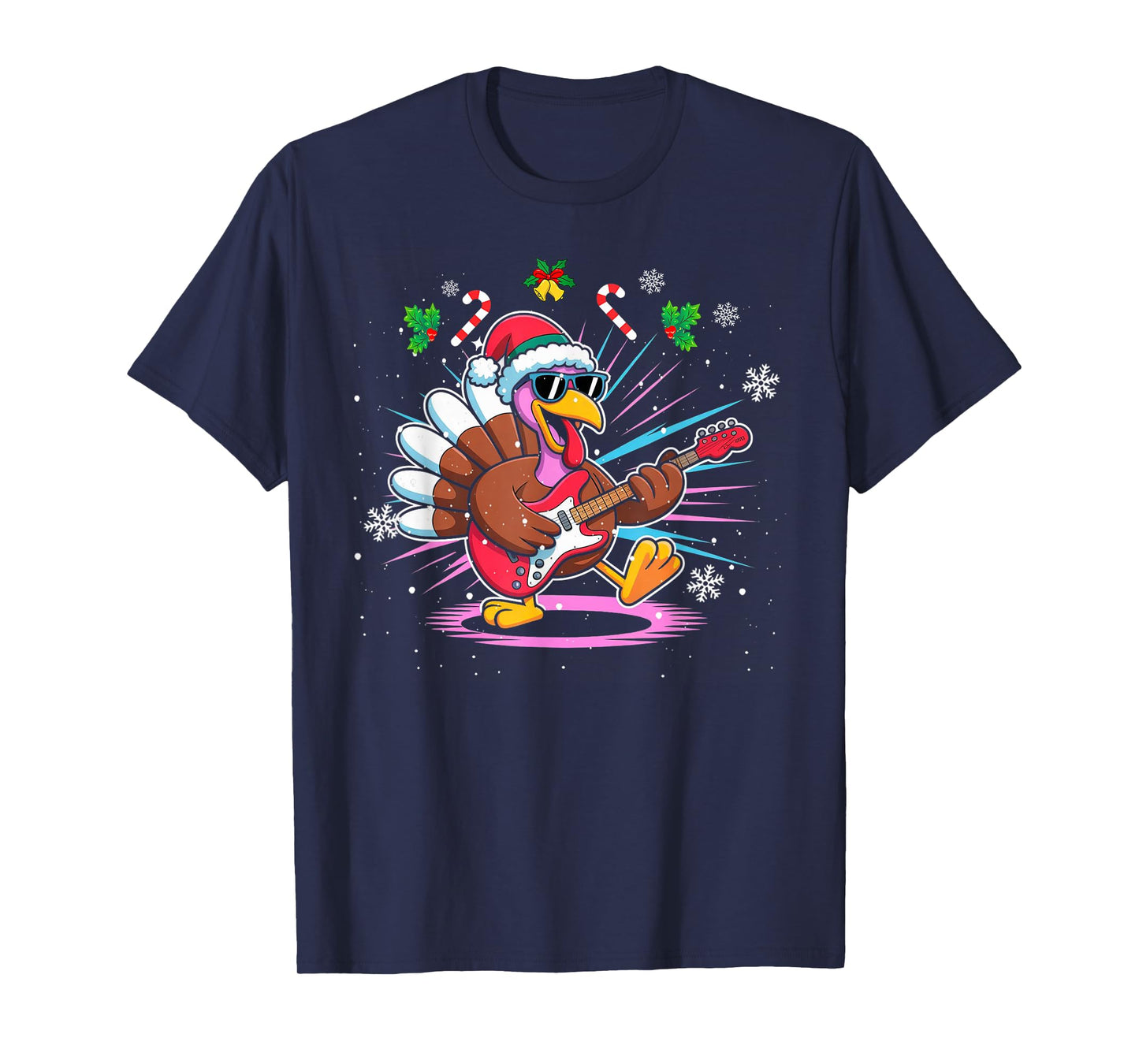 Funny Thanksgiving Santa Hat Turkey Rock Star Playing Guitar T-Shirt