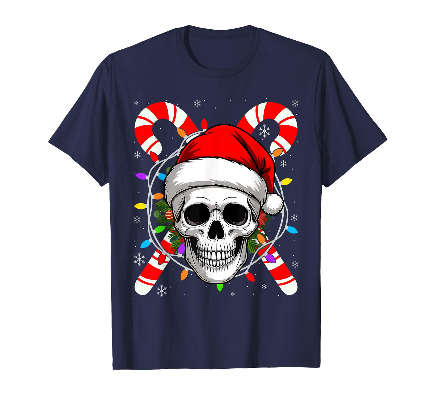 Christmas Skull with Candy Canes and Santa Claus Hat T-Shirt