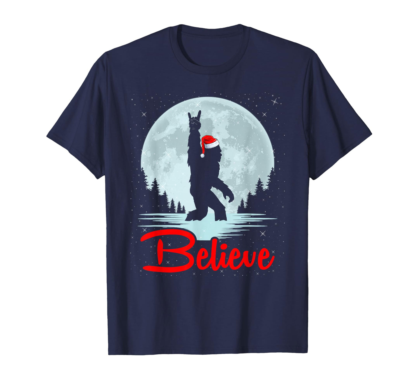 Santa Bigfoot Xmas Funny Sasquatch in Moon Believe Christmas T-Shirt